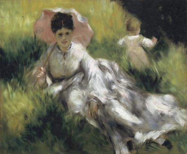 Pierre Renoir Woman with a Parasol and Small Child on a Sunlit Hillside China oil painting art